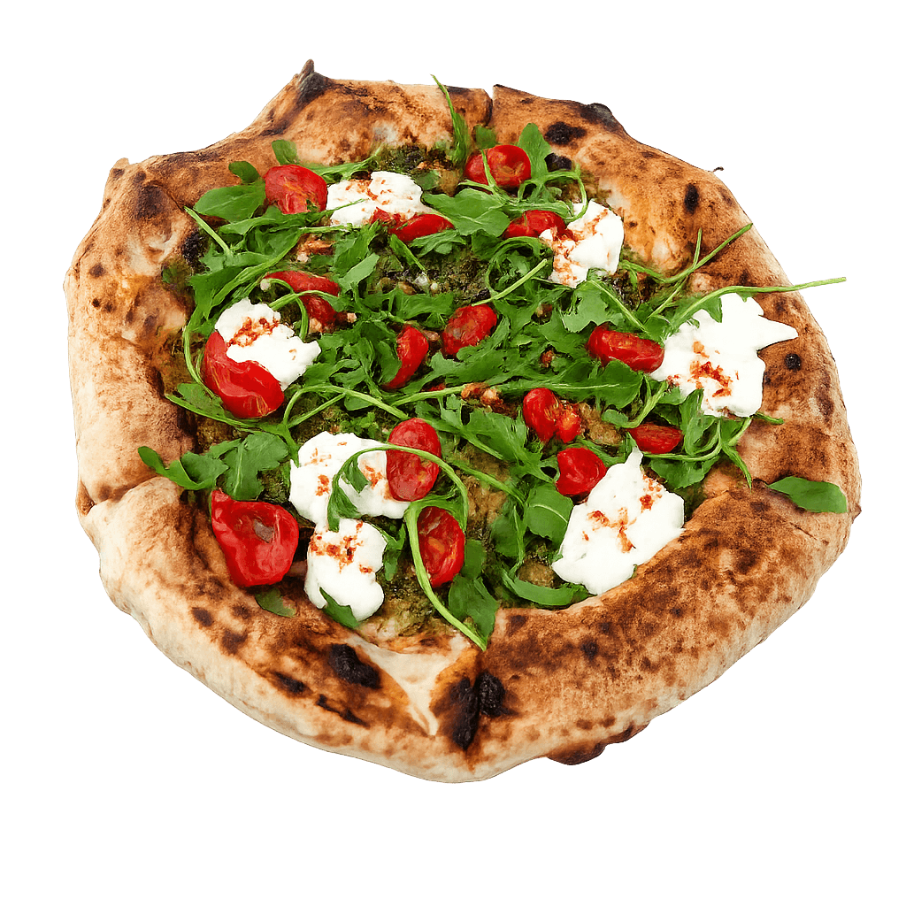 Pizza Caprese bianco z pesto i straciatellą - Fratelli Polacchi Garwolin Biała pizza neapolitańska Caprese z pesto genovese, straciatellą, pomidorkami i rukolą - Fratelli Polacchi Garwolin