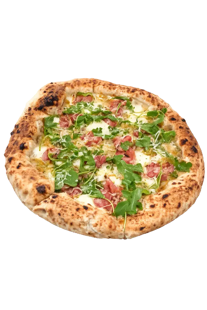 Pizza Melanzana z bakłażanem - Fratelli Polacchi Garwolin Biała pizza neapolitańska Melanzana z puree z pieczonego bakłażana, pancettą i rukolą - Fratelli Polacchi Garwolin