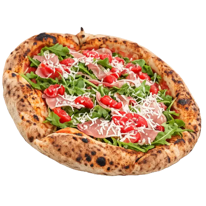 Pizza Parma z szynką dojrzewającą i rukolą - Fratelli Polacchi Garwolin Pizza neapolitańska Parma z szynką dojrzewającą, rukolą i pomidorkami koktajlowymi - Fratelli Polacchi Garwolin