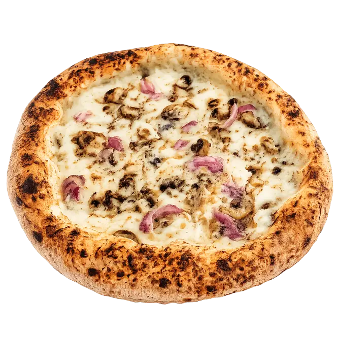 Pizza Funghi z pieczarkami - Fratelli Polacchi Garwolin Biała pizza neapolitańska Funghi z pieczarkami, cebulą i grana padano - pizzeria Fratelli Polacchi w Garwolinie